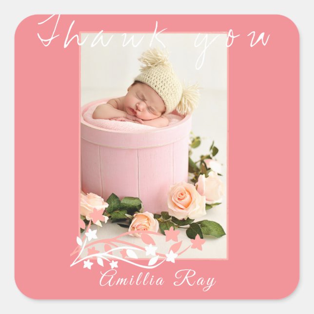 Pegatina Cuadrada Simply Sweet Pink Baby Photo gracias (Anverso)