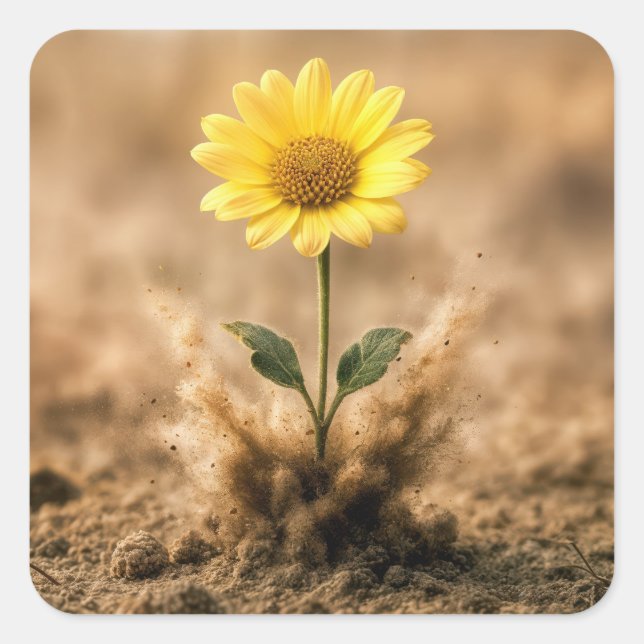 Pegatina Cuadrada Single Yellow Daisy Bursting Out of Dirt (Anverso)