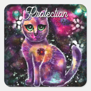 Pegatina Cuadrada Singular Resumen Floral Kitty Cat Negro Rosa