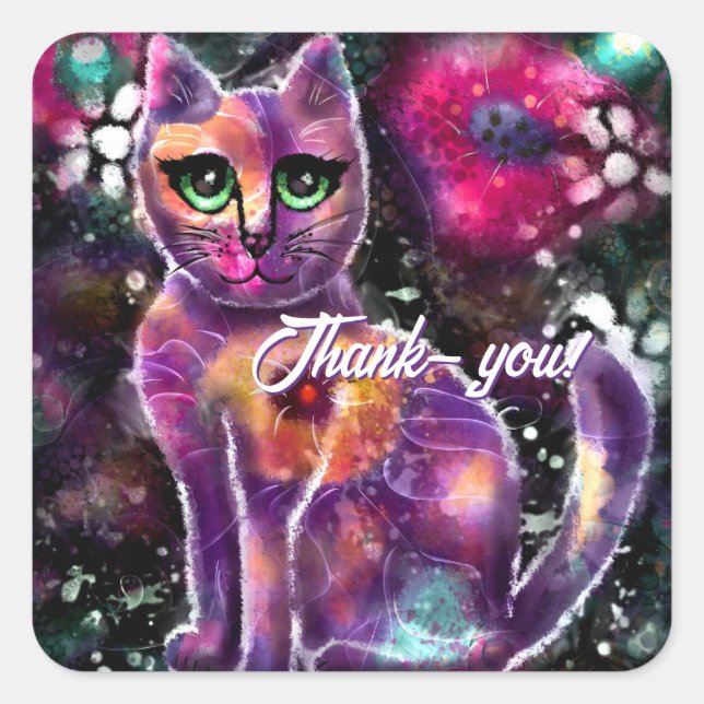 Pegatina Cuadrada Singular Resumen Floral Kitty Cat Negro Rosa (Anverso)