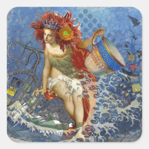 Pegatina Cuadrada Sirena Acuario Arte Azul Gótico