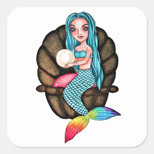 Pegatina Cuadrada Sirena Arcoiris Con Perla En Acuarela (Anverso)