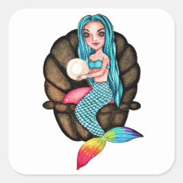 Pegatina Cuadrada Sirena Arcoiris Con Perla En Acuarela