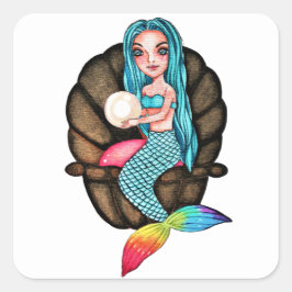 Pegatina Cuadrada Sirena Arcoiris Con Perla En Acuarela