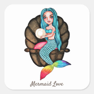 Pegatina Cuadrada Sirena Arcoiris Con Perla En Acuarela