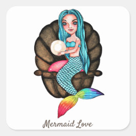 Pegatina Cuadrada Sirena Arcoiris Con Perla En Acuarela