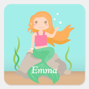 Pegatina Cuadrada Sirena Bonita en Sticker Personalizado para Chicas