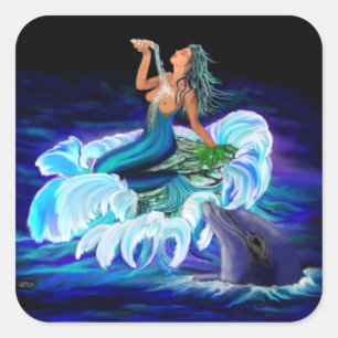 Pegatina Cuadrada Sirena con delfín