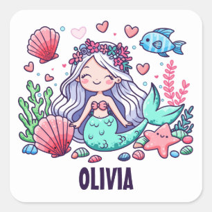 Pegatina Cuadrada Sirena de dibujos animados linda personalizada 
