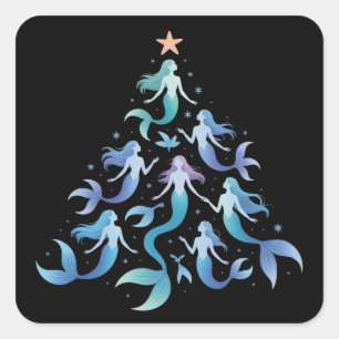 Pegatina Cuadrada Sirena de Navidad Árbol Chicas Verano Vacaciones N