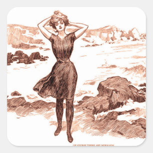 Pegatina Cuadrada Sirena de playa Gibson Girl vintage Belleza de bañ