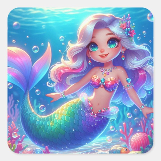 Pegatina Cuadrada Sirena de princesa mágica submarina (Anverso)