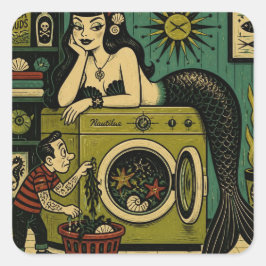 Pegatina Cuadrada Sirena divertida de mediados de siglo día de lavad