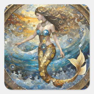 Pegatina Cuadrada Sirena en las olas del océano