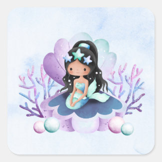 Pegatina Cuadrada Sirena Mágica | Cumpleaños Acuarela