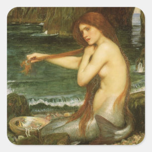 Pegatina Cuadrada Sirena por John William Waterhouse