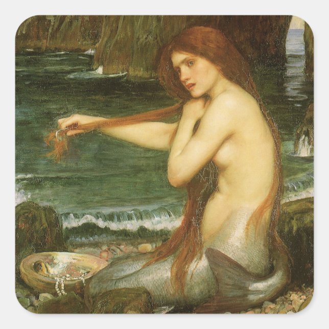 Pegatina Cuadrada Sirena por John William Waterhouse (Anverso)