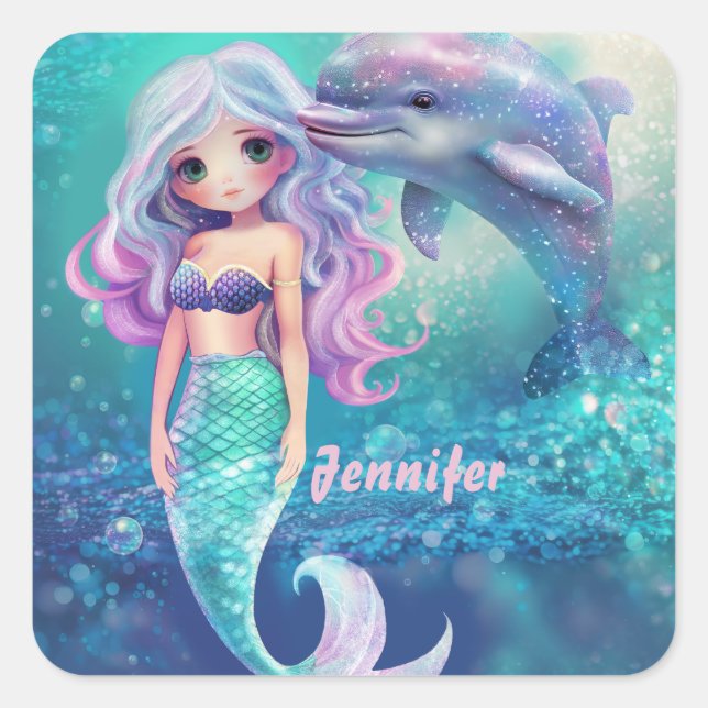 Pegatina Cuadrada Sirena submarina y delfín (Anverso)