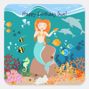 Pegatina Cuadrada Sirena y delfines en la fiesta de cumpleaños del m
