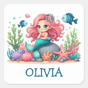 Pegatina Cuadrada Sirena y pez caprichosos lindos personalizados