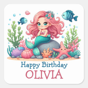 Pegatina Cuadrada Sirena y pez de cumpleaños lindos personalizados