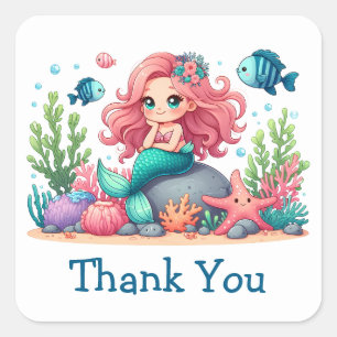 Pegatina Cuadrada Sirena y Pez Lindo y Caprichoso Gracias