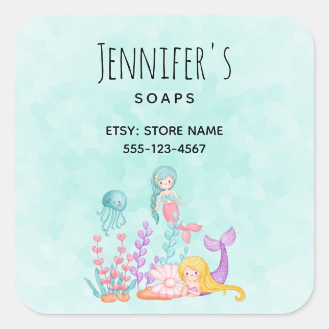 Pegatina Cuadrada Sirenas y medusas bajo el mar (Anverso)