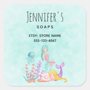Pegatina Cuadrada Sirenas y medusas bajo el mar