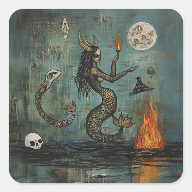 Pegatina Cuadrada Sirenita Horneada Moon Occult Dark Witchy AI Art (Anverso)