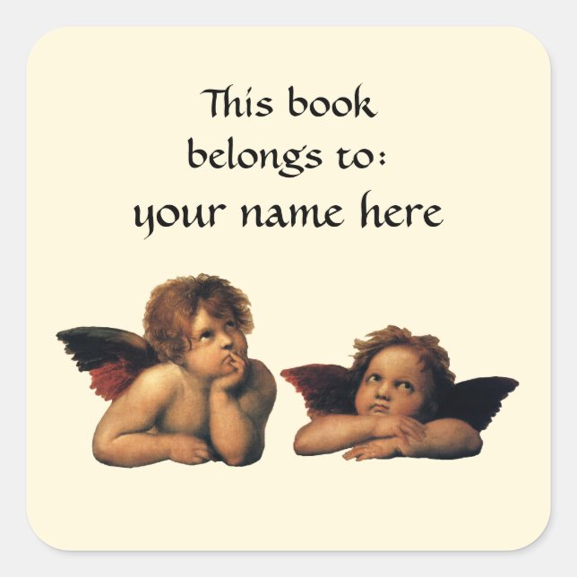 Pegatina Cuadrada Sistine Madonna Angels por Raphael Bookplate (Anverso)