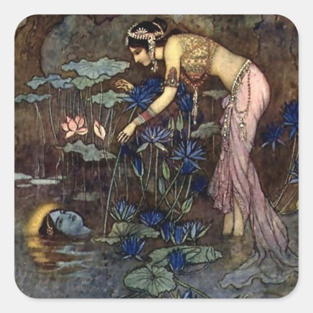 Pegatina Cuadrada "Sita encuentra a Rama" por Warwick Goble (Anverso)