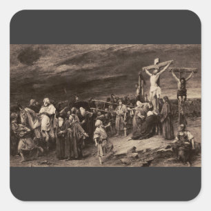Pegatina Cuadrada sitio del Gólgota y Jesús por Munkacsy
