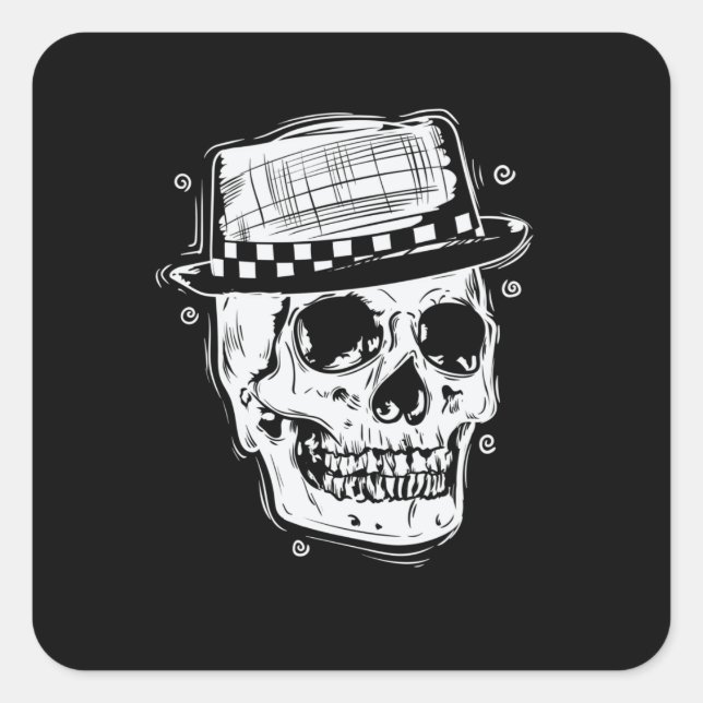 Pegatina Cuadrada Ska Totenkopf mit Hut Jazz Musikstil (Anverso)