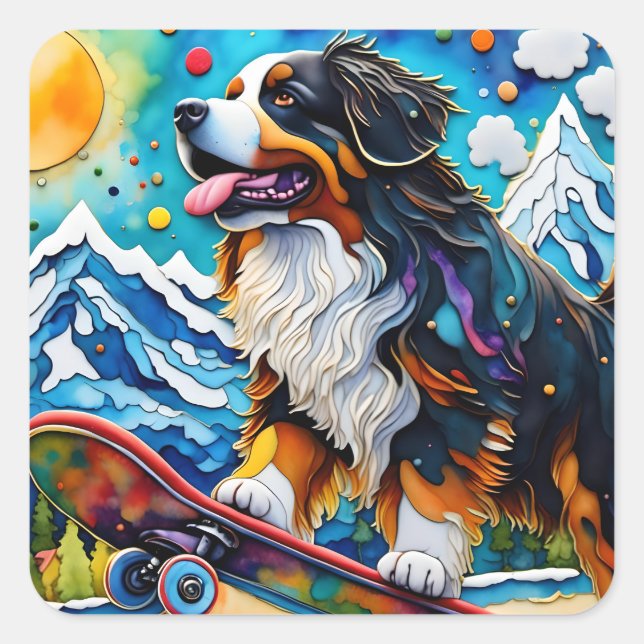 Pegatina Cuadrada Skateboarding Bernese Mountain Dog (Anverso)