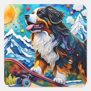 Pegatina Cuadrada Skateboarding Bernese Mountain Dog