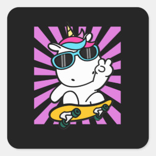 Pegatina Cuadrada Skateboarding Unicornio Cute Kawaii Skater