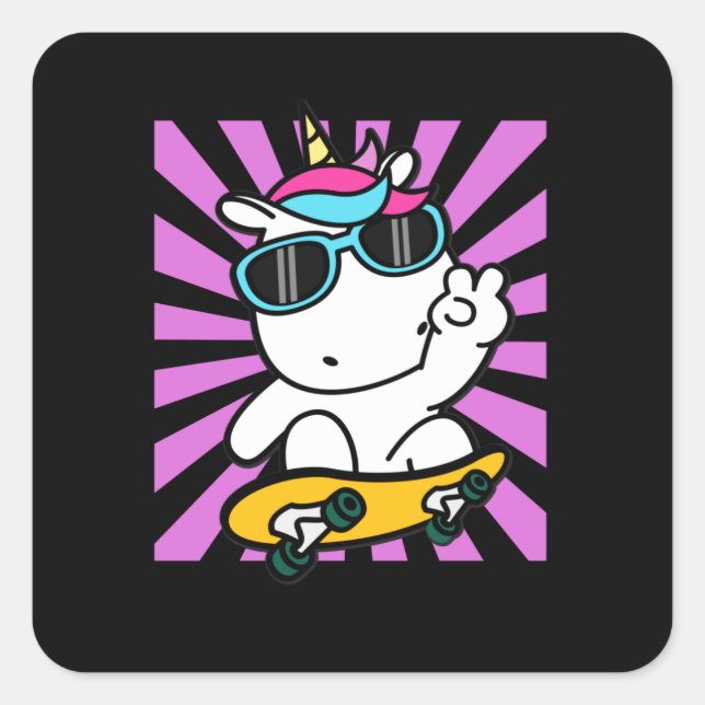 Pegatina Cuadrada Skateboarding Unicornio Cute Kawaii Skater (Anverso)
