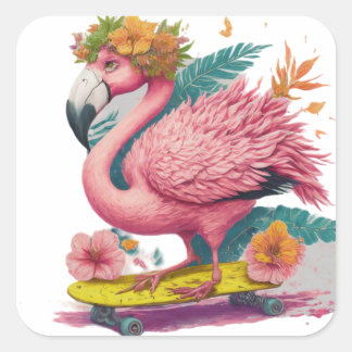 Pegatina Cuadrada Skater Flamingo - Cuadrado de Vibes Tropical para