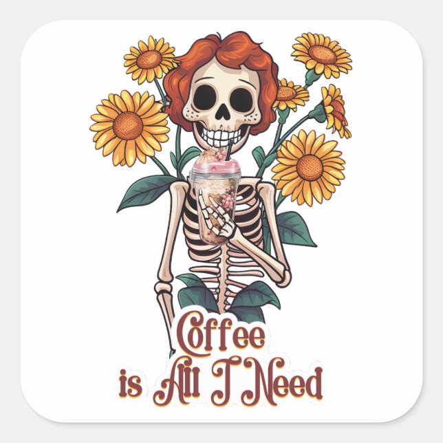 Pegatina Cuadrada Skeleton Beber café girasoles (Anverso)