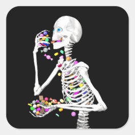 Pegatina Cuadrada Skeleton comiendo dulces de Halloween