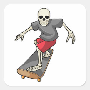 Pegatina Cuadrada Skeleton como Skater con Skateboard