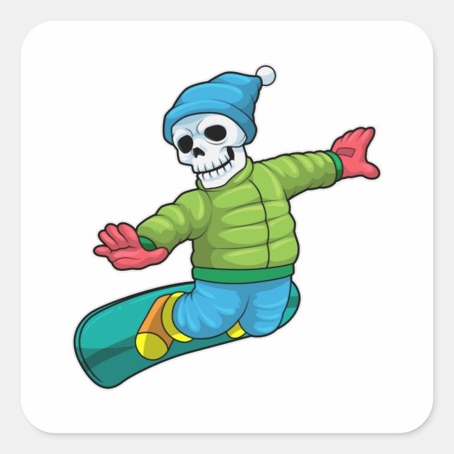 Pegatina Cuadrada Skeleton como Snowboard con snowboard (Anverso)