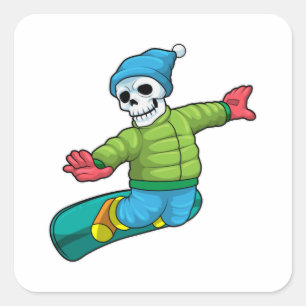 Pegatina Cuadrada Skeleton como Snowboard con snowboard