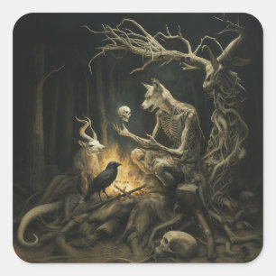 Pegatina Cuadrada Skeleton Dog Moon Occult Dark Witchy AI Art