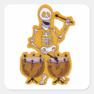 Pegatina Cuadrada Skeleton Drummer, músico de esqueleto, con tambore