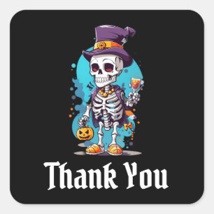 Pegatina Cuadrada Skeleton en un Top Hat Halloween Gracias
