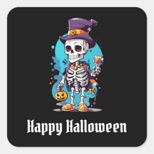Pegatina Cuadrada Skeleton en un Top Hat Happy Halloween