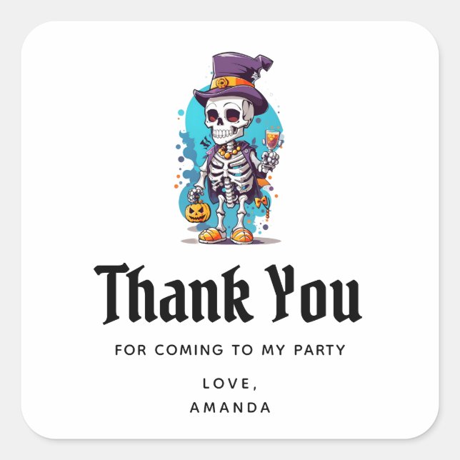 Pegatina Cuadrada Skeleton en una fiesta de halloween de alto nivel  (Anverso)