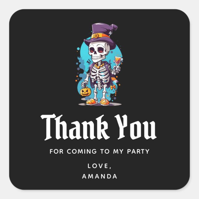 Pegatina Cuadrada Skeleton en una fiesta de halloween de alto nivel  (Anverso)