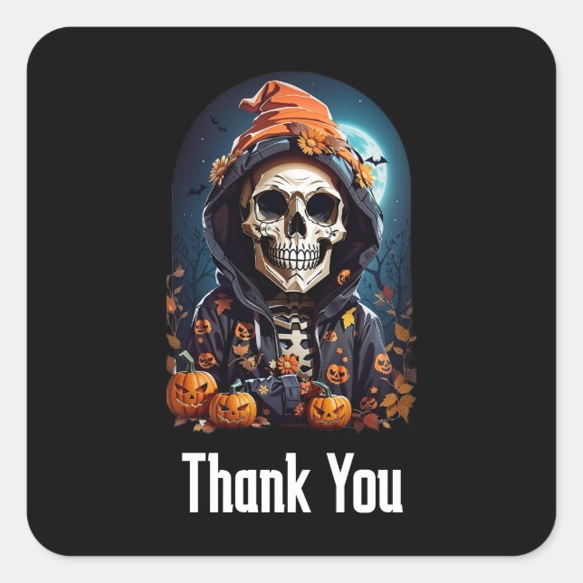 Pegatina Cuadrada Skeleton espumoso con calabazas malvadas gracias (Anverso)